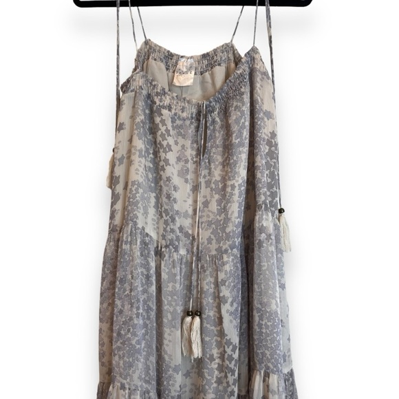 FleaStyle Grey Star Printed Tiered Chiffon Maxi Dress w/ smocked neck & Tassels - Picture 8 of 11